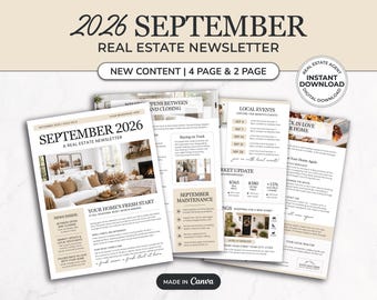 September 2026 Real Estate Newsletter | Real Estate Marketing | Monthly Realtor Newsletter | Canva Digital Template | Fall Newsletter