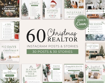 May include: A collage of 60 Christmas-themed Instagram posts and stories for real estate agents. The images feature festive decorations, holiday tips, and marketing ideas for the season. The text "60 Christmas REALTOR INSTAGRAM POSTS & STORIES 30 POSTS & 30 STORIES" is displayed in a green box.