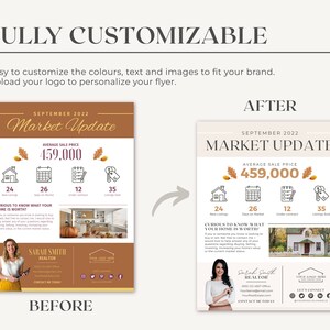 May include: A real estate market update flyer with a brown and beige color scheme. The flyer features a house icon, a calendar, a key, and a number representing the average sale price. The text on the flyer reads "September 2022 Market Update" and "Average Sale Price 459,000".