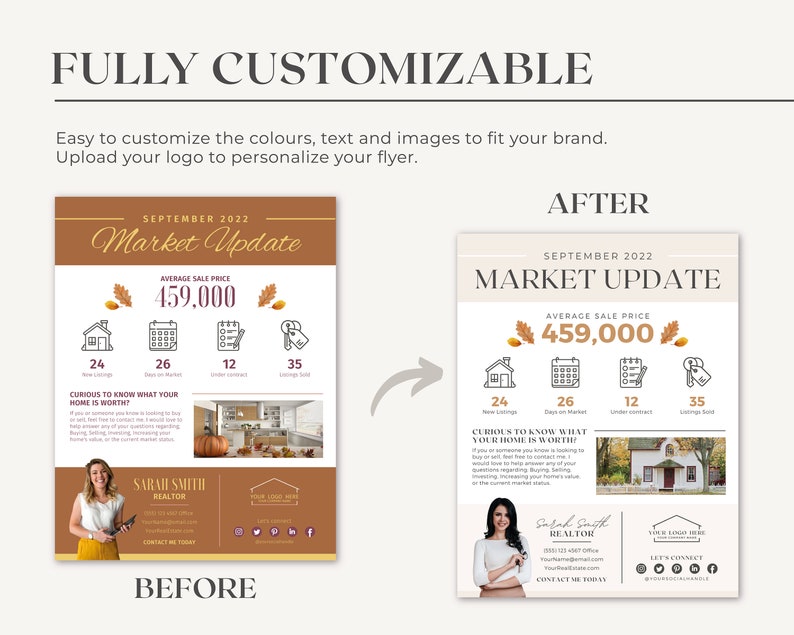 May include: A real estate market update flyer with a brown and beige color scheme. The flyer features a house icon, a calendar, a key, and a number representing the average sale price. The text on the flyer reads "September 2022 Market Update" and "Average Sale Price 459,000".