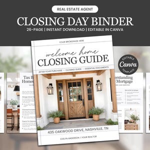 以下が含まれることがあります： 不動産業者のクロージングデイバインダーテンプレート。白の表紙に「welcome home CLOSING GUIDE」の文字。バインダーには必須書類が含まれており、Canvaで編集可能です。表紙の画像は家の外観を示しています。