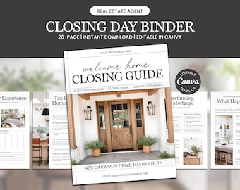May include: A real estate agent's Closing Day Binder template, featuring a white cover with the text "welcome home CLOSING GUIDE." The binder includes essential documents and is editable in Canva. The cover image shows a house exterior.