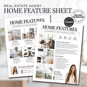 May include: Two white Home Feature Sheets for a real estate agent. The sheets display property details, including photos of a kitchen, living room, bathroom, and exterior. The sheets include the text "Home Features" and "Real Estate Agent".