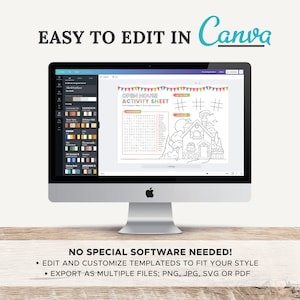 May include: A computer screen displaying a Canva design template for an open house activity sheet. The template features a colorful house with a word search puzzle and the text "Open House Activity Sheet".