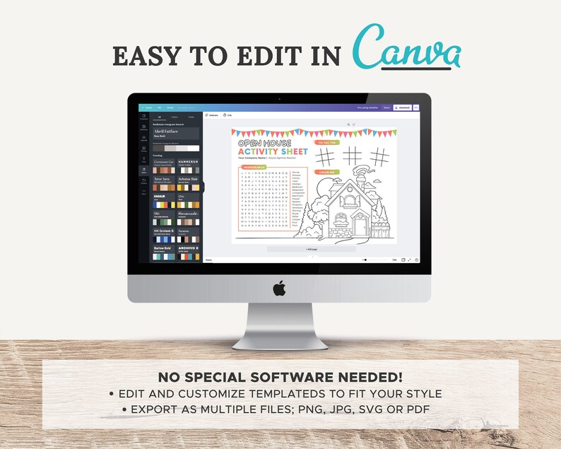 May include: A computer screen displaying a Canva design template for an open house activity sheet. The template features a colorful house with a word search puzzle and the text "Open House Activity Sheet".
