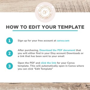 May include: A blue and white graphic with instructions on how to edit a template. The instructions include signing up for a free account at canva.com, downloading a PDF document, and clicking a link to open the template in Canva.