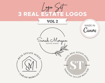 May include: Three black and white real estate logo designs. The first logo features a house with the initials "SM" inside and the text "Sarah Morgan Real Estate Agent". The second logo features a circle with the text "Sarah Morgan Estate Agent" and a branch with leaves. The third logo features a circle with the initials "ST" inside and the text "Local Real Estate Agent Samantha Taylor Realtor".