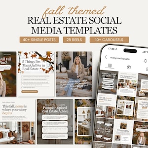 Può includere: Una raccolta di modelli per social media immobiliari a tema autunnale con oltre 40 post, 25 reel e 10 caroselli. La visualizzazione mostra vari layout digitali con immagini autunnali, sovrapposizioni di testo e un'anteprima su smartphone.
