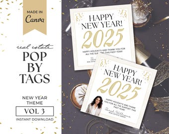 May include: Two white square gift tags with gold confetti and the text "Happy New Year! 2025" and a message wishing happy holidays and thanking for support. The tags are on a dark gray background with gold confetti.