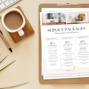 K&ouml;nnte beinhalten: Ein beige-braunes Dokument mit dem Titel "Service Packages" und drei verschiedenen Paketen mit Provisionss&auml;tzen von 4 %, 5 % und 6 %. Die Pakete listen die in jedem Paket enthaltenen Leistungen auf. Das Dokument befindet sich auf einem Clipboard mit braunem Hintergrund.
