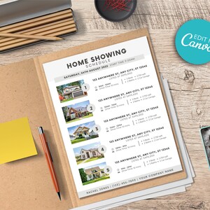 May include: A home showing schedule for Saturday, August 24th, 2022. The schedule lists five properties with addresses, list prices, and descriptions. Each property has a photo and a number corresponding to the order of the showing.