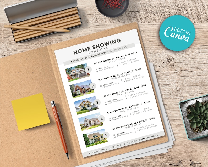 May include: A home showing schedule for Saturday, August 24th, 2022. The schedule lists five properties with addresses, list prices, and descriptions. Each property has a photo and a number corresponding to the order of the showing.