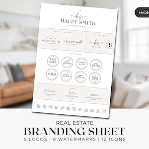 May include: Branding sheet for a real estate agent named Haley Smith. The sheet includes five logos, eight watermarks, and twelve icons. The logos feature a house icon, the agent's name, and initials. The watermarks are circular and include phrases like "For Sale", "Just Listed", and "Coming Soon". The icons are simple line drawings of common real estate symbols, such as a house, a key, and a car.