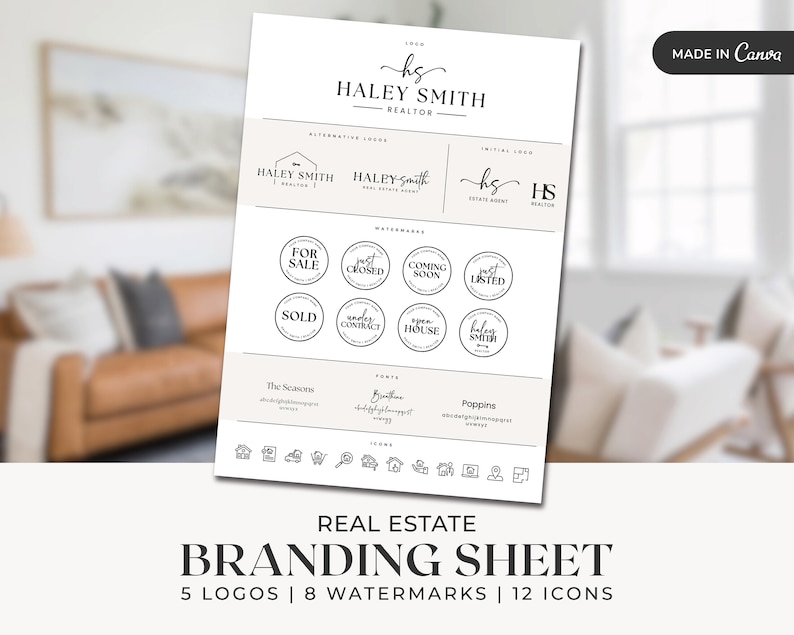 May include: Branding sheet for a real estate agent named Haley Smith. The sheet includes five logos, eight watermarks, and twelve icons. The logos feature a house icon, the agent's name, and initials. The watermarks are circular and include phrases like "For Sale", "Just Listed", and "Coming Soon". The icons are simple line drawings of common real estate symbols, such as a house, a key, and a car.