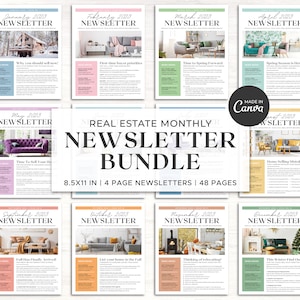 Real Estate Newsletter Template Bundle | Real Estate Marketing | 12 Month Realtor Newsletter | Realtor Farming Newsletter | Canva Template