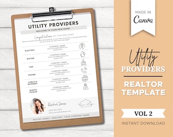 Proveedores de servicios públicos inmobiliarios / Marketing inmobiliario / Lista de proveedores de servicios públicos / Folleto inmobiliario / Kit para comprador de vivienda / Folleto de cierre / Canva