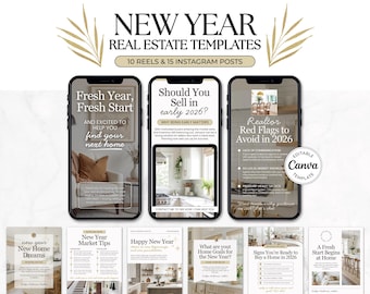 May include: A digital marketing template for real estate professionals. The image features three smartphone mockups with text: "Fresh Year, Fresh Start", "Should You Sell in early 2026?", and "Realtor Red Flags to Avoid in 2026". Additional templates are shown below.