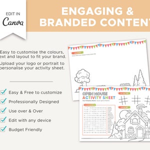 May include: Black and white printable open house activity sheet with a word search, a color me section with a house, and a tic tac toe game. The sheet is decorated with colorful pennant flags.