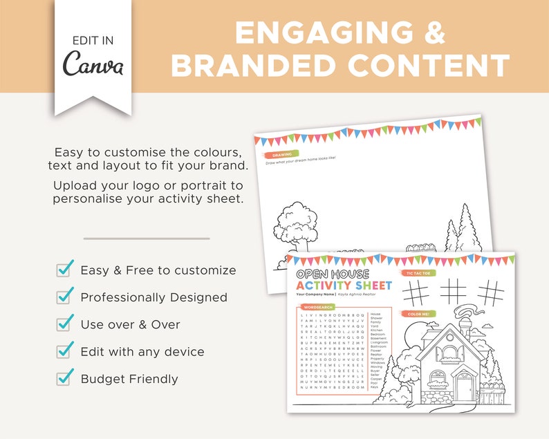May include: Black and white printable open house activity sheet with a word search, a color me section with a house, and a tic tac toe game. The sheet is decorated with colorful pennant flags.