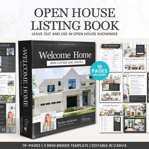 May include: A black and white Open House Listing Book with the text "Welcome Home" and "4608 Cliffside Lane, Arizona". The book includes 16 pages and is a 3-ring binder template. The book is designed for open house showings.