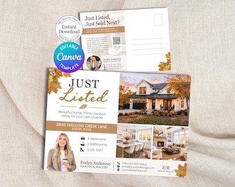 Fall Real Estate Listing Postcard Template: Realtor Autumn Mailer Canva Template (Digital Download)