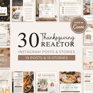 Könnte beinhalten: Eine Collage aus 30 Instagram-Posts und -Stories zum Thema Thanksgiving für Immobilienmakler. Die Bilder zeigen Herbstfarben, Wohndekor, Essen und inspirierende Zitate über Dankbarkeit und Wohneigentum.