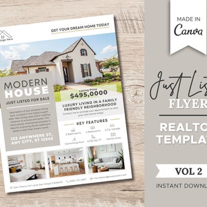 Może przedstawiać: Szablon ulotki do nieruchomości z obrazem nowoczesnego domu, szczegółami oferty i kluczowymi cechami. Ulotka nosi tytuł "Just Listed Flyer Realtor Template Vol 2 Instant Download" i została stworzona za pomocą Canva.