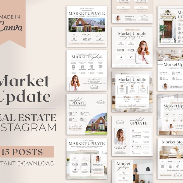 15 Market Update Instagram Posts | Real Estate Social Media | Real Estate Marketing | Instagram Template | Realtor Market Update | Canva