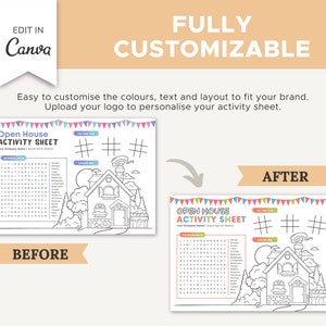 May include: A printable open house activity sheet with a word search, tic-tac-toe, and a coloring page of a house. The sheet is designed to be customized with your company name and logo.