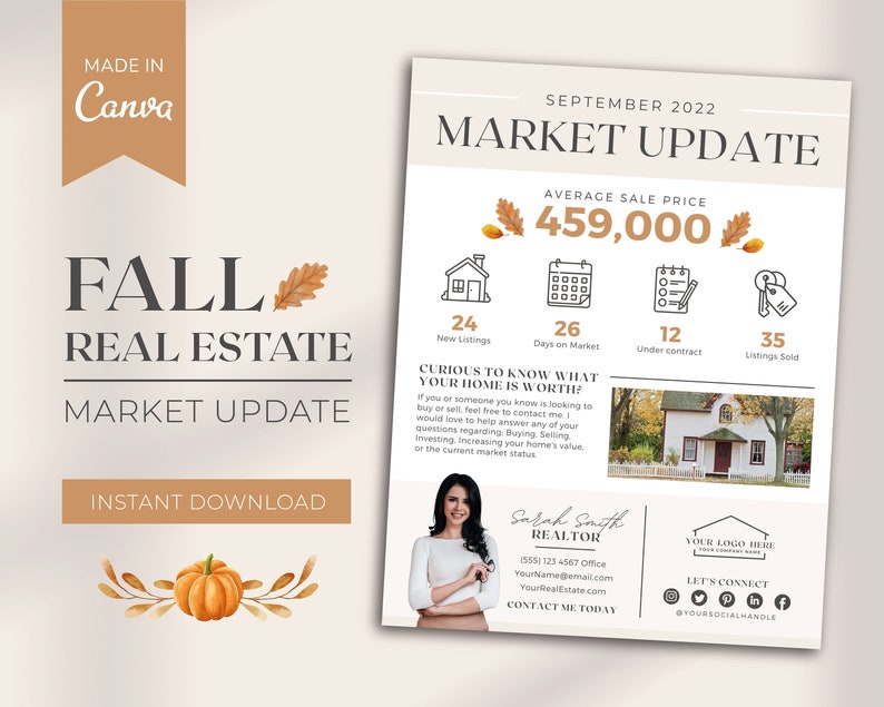 May include: A fall-themed real estate market update flyer with a brown background and autumn leaves. The flyer features a house icon, a calendar, a key, and a text box with the average sale price of $459,000. The flyer also includes the text "September 2022 Market Update" and "Fall Real Estate Market Update".