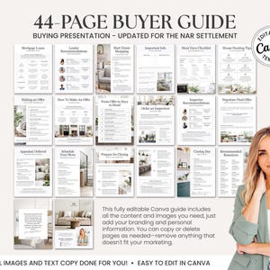 K&ouml;nnte beinhalten: Eine 44-seitige K&auml;uferleitfaden-Vorlage mit dem Text "44-PAGE BUYER GUIDE" und "BUYING PRESENTATION - UPDATED FOR THE NAR SETTLEMENT." Der Leitfaden enth&auml;lt verschiedene Themen rund um den Hauskauf. Eine Frau l&auml;chelt in der Ecke. Die Vorlage ist einfach in Canva zu bearbeiten.