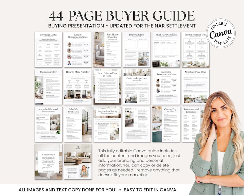K&ouml;nnte beinhalten: Eine 44-seitige K&auml;uferleitfaden-Vorlage mit dem Text "44-PAGE BUYER GUIDE" und "BUYING PRESENTATION - UPDATED FOR THE NAR SETTLEMENT." Der Leitfaden enth&auml;lt verschiedene Themen rund um den Hauskauf. Eine Frau l&auml;chelt in der Ecke. Die Vorlage ist einfach in Canva zu bearbeiten.