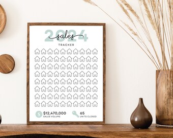May include: A printable 2024 sales tracker with a light green and black color scheme. The tracker features a grid of 65 house icons to track sales volume and units closed. The text "2024 sales tracker" is at the top of the page. The text "$12,470,000 sales volume" and "65 units closed" is at the bottom of the page.