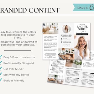 May include: A tri-fold brochure template for real estate agents. The template features a modern design with a black and white color scheme. The brochure includes a photo of a real estate agent, a section for testimonials, and a section for contact information. The text on the brochure reads "Meet Me Rachel Smith, Your Local Real Estate Agent" and "Hello I'm Rachel Smith, Your Neighborhood Real Estate Agent".