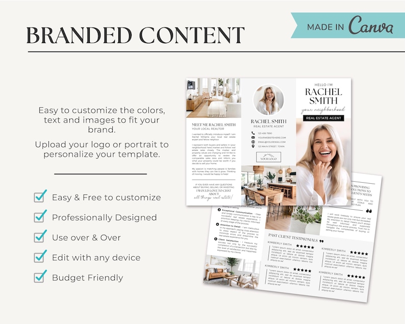 May include: A tri-fold brochure template for real estate agents. The template features a modern design with a black and white color scheme. The brochure includes a photo of a real estate agent, a section for testimonials, and a section for contact information. The text on the brochure reads "Meet Me Rachel Smith, Your Local Real Estate Agent" and "Hello I'm Rachel Smith, Your Neighborhood Real Estate Agent".