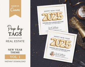 May include: Two white square cards with gold glitter and gold foil 2025 balloons. The text "Happy New Year 2025" and "Wishing you a sparkling year. Let's make the year great!" is on both cards. The bottom of each card has a business card with the text "Sarah Williams, Real Estate Agent".