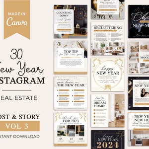 May include: A set of 30 Instagram post and story templates for real estate agents. The templates feature a gold and black color scheme with text that says "New Year" and "Real Estate".