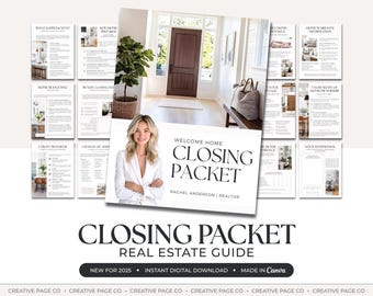 May include: A real estate closing packet titled "Welcome Home Closing Packet" with a woman in a white blazer. The packet includes information on home buying, with the text "Real Estate Guide" and "New for 2025".