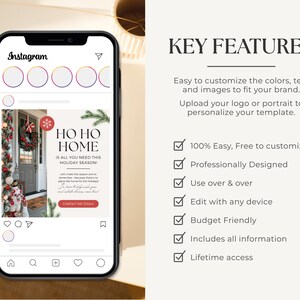 May include: Instagram post template for a holiday season promotion. The template features a red and green wreath on a door with a garland of lights. The text reads "Ho Ho Home is all you need this holiday season!" and includes a "Contact Me Today" button.