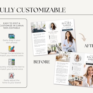 May include: Before and after image showing a customizable real estate agent brochure template. The before image shows a generic brochure with placeholder text and images. The after image shows the same brochure with personalized text, images, and colors. The text on the brochure reads "Hello I'm Rachel Smith your neighborhood real estate agent."