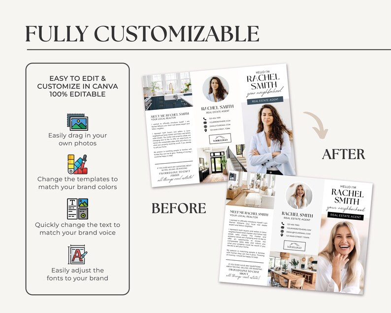 May include: Before and after image showing a customizable real estate agent brochure template. The before image shows a generic brochure with placeholder text and images. The after image shows the same brochure with personalized text, images, and colors. The text on the brochure reads "Hello I'm Rachel Smith your neighborhood real estate agent."