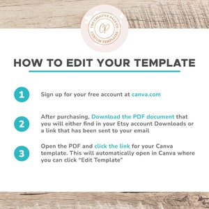 May include: A turquoise and white graphic with three numbered steps on how to edit a template. Step 1: Sign up for a free account at canva.com. Step 2: Download the PDF document. Step 3: Open the PDF and click the link for your Canva template.