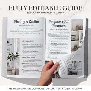 K&ouml;nnte beinhalten: Ein offener Ratgeber mit dem Text "FULLY EDITIABLE GUIDE" und "Finding A Realtor" auf der linken Seite und "Prepare Your Finances" auf der rechten Seite. Der Ratgeber enth&auml;lt Text und Bilder, mit einer Hand, die eine Seite umbl&auml;ttert. Der untere Teil des Ratgebers lautet "ALL IMAGES AND TEXT COPY DONE FOR YOU! EASY TO EDIT IN CANVA."