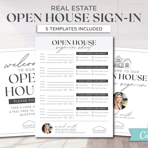 Open House Sign-In Sheet & Welcome Sign | Real Estate Marketing | Realtor Open House Form | Open House Template | Printable | Canva Template