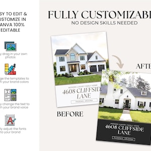 May include: A before-and-after image of a house address template. The text reads "EASY TO EDIT & CUSTOMIZE IN CANVA 100% EDITABLE" and "FULLY CUSTOMIZABLE NO DESIGN SKILLS NEEDED". The address is "4608 Cliffside Lane, Phoenix, Arizona".