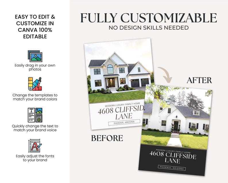 May include: A before-and-after image of a house address template. The text reads "EASY TO EDIT & CUSTOMIZE IN CANVA 100% EDITABLE" and "FULLY CUSTOMIZABLE NO DESIGN SKILLS NEEDED". The address is "4608 Cliffside Lane, Phoenix, Arizona".