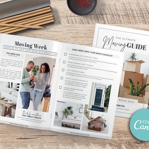 May include: A checklist guide for moving week, with a checklist for the final week before moving day. The guide includes tips for disassembling furniture, cleaning empty rooms, packing suitcases, and packing a 24-hour moving kit. The guide also includes a section on finishing packing before moving day. The guide is titled "The Ultimate Moving Guide" and features a photo of a couple smiling and toasting with champagne glasses. The guide is designed to help people move in a week's time.