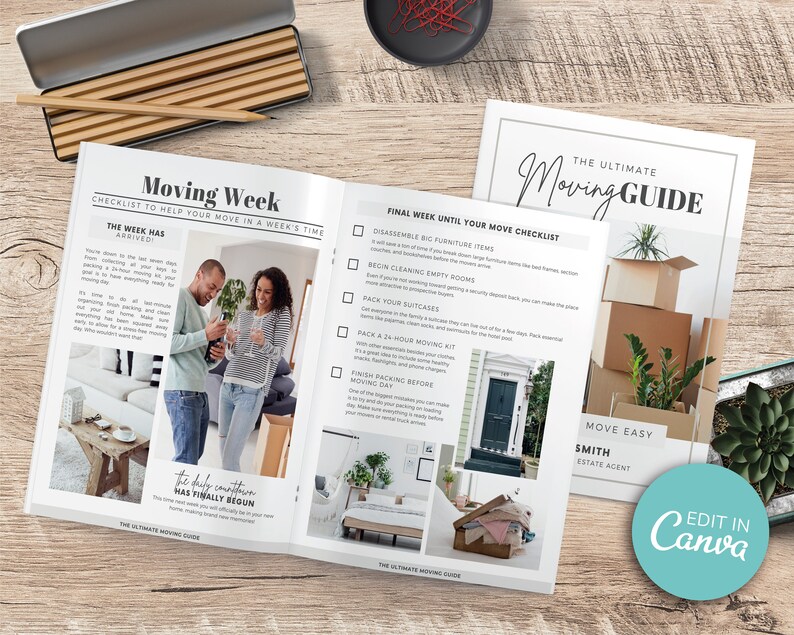 May include: A checklist guide for moving week, with a checklist for the final week before moving day. The guide includes tips for disassembling furniture, cleaning empty rooms, packing suitcases, and packing a 24-hour moving kit. The guide also includes a section on finishing packing before moving day. The guide is titled "The Ultimate Moving Guide" and features a photo of a couple smiling and toasting with champagne glasses. The guide is designed to help people move in a week's time.