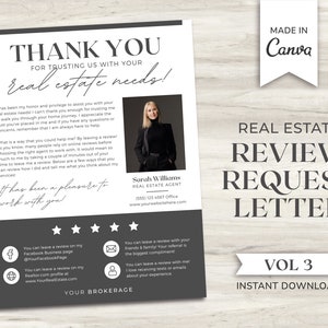 May include: A black and white real estate review request letter template with a photo of a woman in a black blazer. The text reads "Thank you for trusting us with your real estate needs!" and "It has been my honor and privilege to assist you with your real estate needs! I can't thank you enough for trusting me to walk you through your home journey. I appreciate the trust you've placed in me and if you have any questions or concerns, remember that I am always here to help."