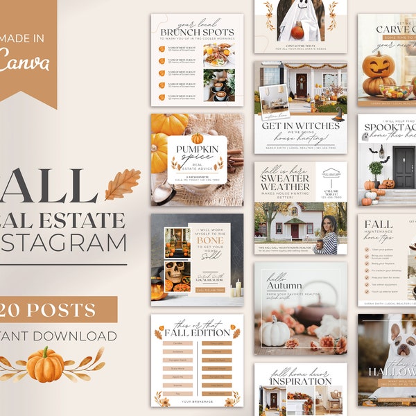 20 Fall Realtor Instagram Posts | Real Estate Social Media Posts | October Posts | Real Estate Fall Marketing | Instagram Template | Canva